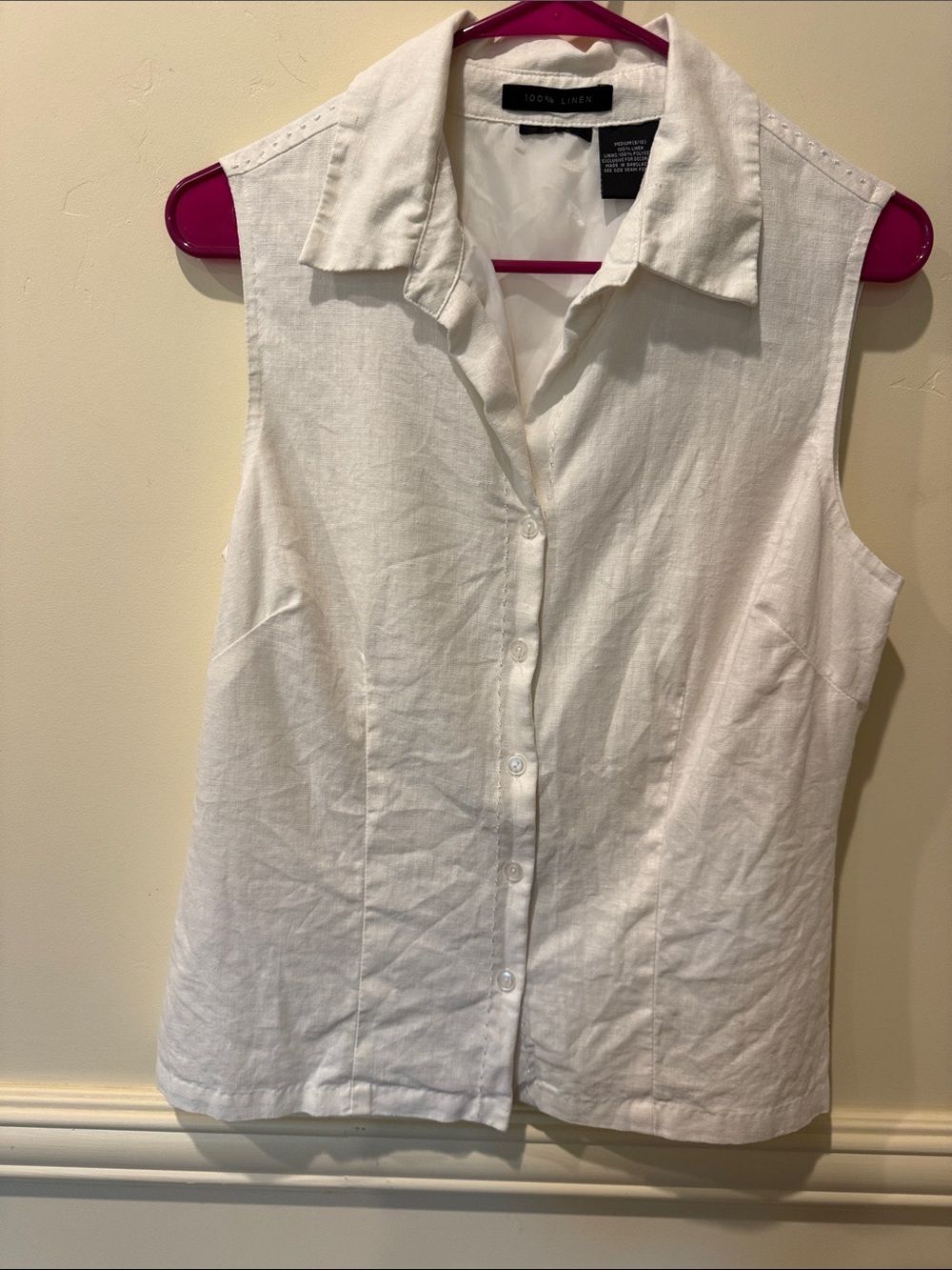 100 Percent Linen White Sleeveless Top size M Vacation Wardrobe Capsule Summer